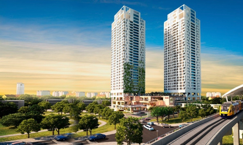 Toàn cảnh phối cảnh 2 tòa tháp căn hộ cao cấp thuộc dự án Gateway Thảo Điền Quận 2 nằm sát tuyến đường sắt đô thị và ga Metro