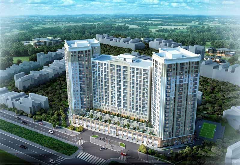 Phối cảnh tổng thể dự án căn hộ HausBelo Quận 9 phong cách Bauhaus Đức với các tháp chung cư hiện đại bên trục đường lớn