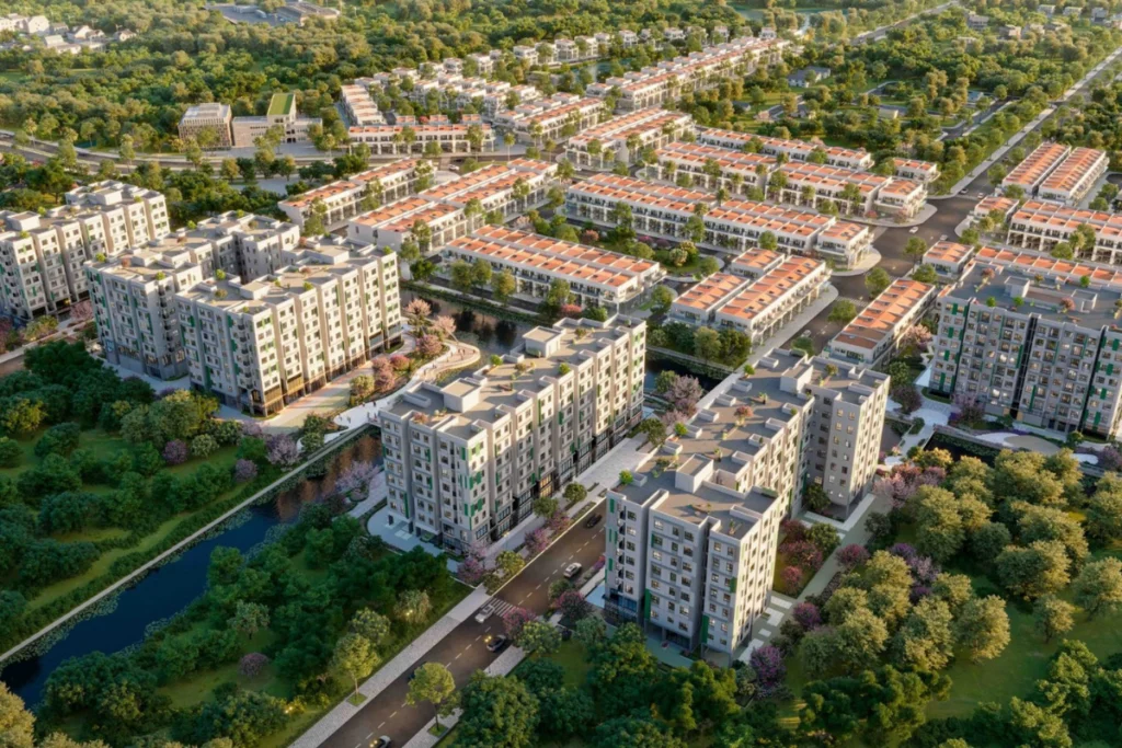 Phối cảnh 3D trên cao một góc khác của dự án với các block chung cư hiện đại thiết kế tối giản, bao quanh bởi nhiều cây xanh bóng mát