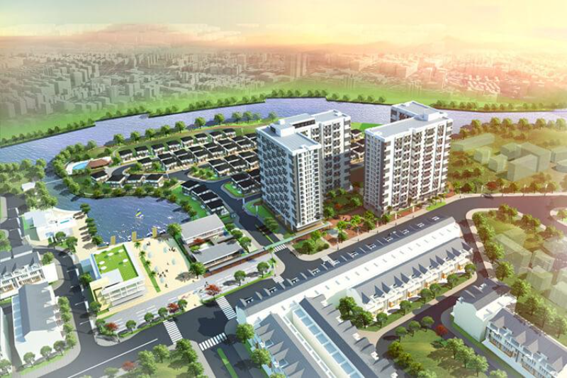 Phối cảnh tổng thể từ trên cao dự án Flora Fuji Quận 9 bao gồm 2 tòa tháp căn hộ, khu biệt thự thấp tầng Valora Fuji và dòng sông bao quanh dưới ánh bình minh