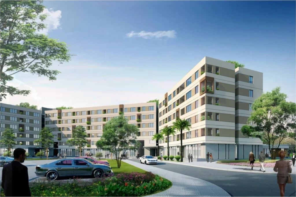 Phối cảnh một góc tòa nhà chung cư thấp tầng của dự án Hưng Thịnh với thiết kế sơn màu trắng kem trung tính đan xen xám ghi nhã nhặn
