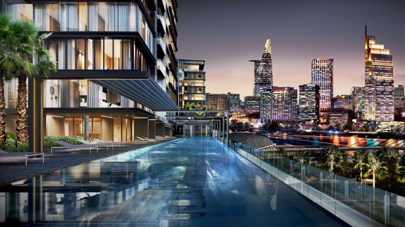 Phối cảnh bể bơi vô cực vô song tại The Metropole Thủ Thiêm hướng tầm nhìn sang quận 1 phục vụ từ khóa chung cư HCM nội thất bàn giao cao cấp đáng mua