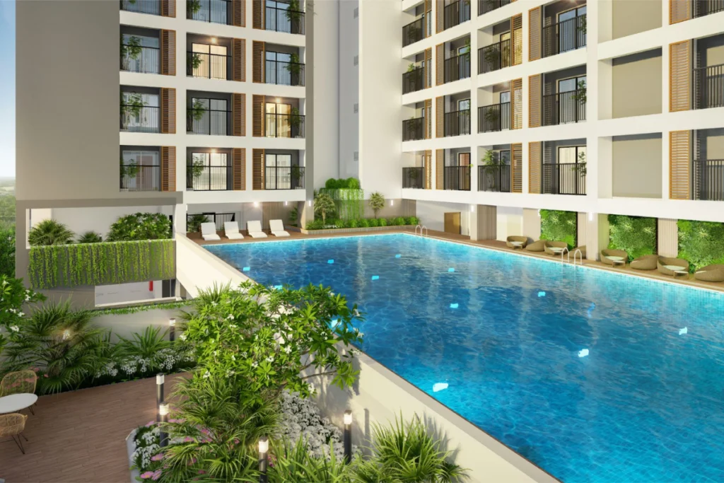 Phối cảnh 3D cận cảnh khu vực bể bơi nội khu xanh mát, làn nước trong vắt, xung quanh có sàn gỗ dạo bộ