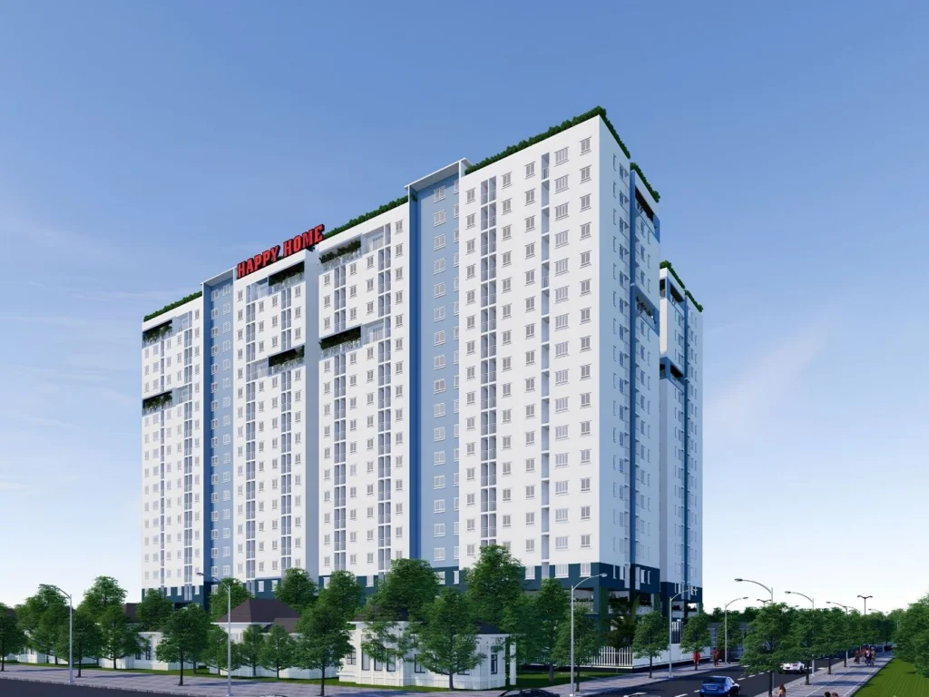 Phân tích thực tế trải nghiệm sống và hạ tầng tiện ích Happy Home Dĩ An Phối cảnh tổng thể hiện đại và thông thoáng của tòa nhà Happy Home Dĩ An