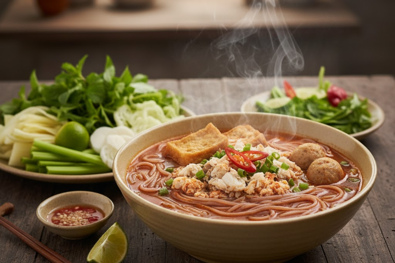 Tô bún riêu cua đồng đầy ắp topping đậu hũ chiên chả viên