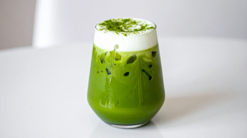Ly trà xanh matcha latte đá với lớp kem sữa macchiato sánh mịn ngon mắt