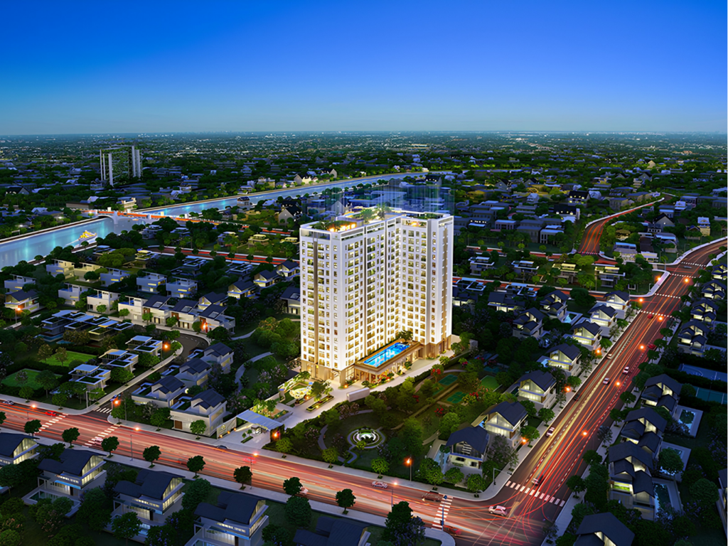 Phối cảnh từ trên cao của một dự án căn hộ chung cư cao tầng hiện đại nổi bật giữa khu dân cư sầm uất tại Quận 6