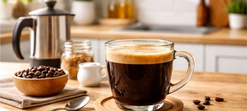 Tách cà phê Americano nóng bọt mịn đặt trên bàn gỗ