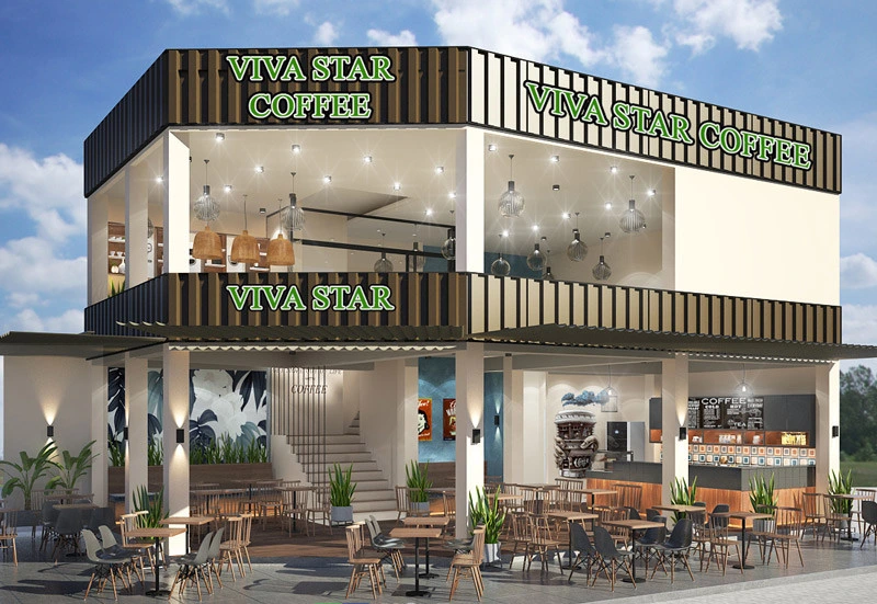 Thiết kế kiến trúc 2 tầng hiện đại và rộng rãi của thương hiệu Viva Star Coffee