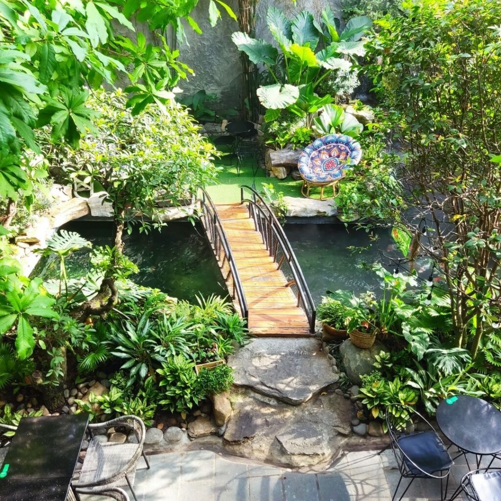 Không gian quán cafe sân vườn xanh mát với hồ cá KOI, cầu gỗ và nhiều cây xanh