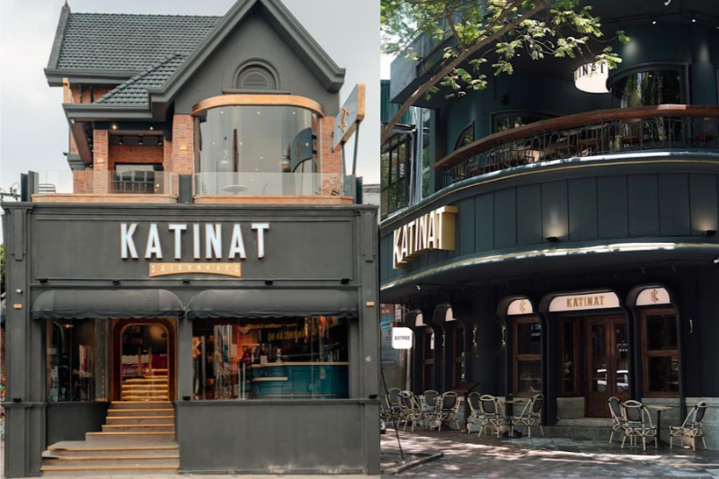 Kiến trúc ngoại thất ấn tượng của hai chi nhánh Katinat Saigon Kafe với tông màu xám ghi và biển hiệu vàng nổi bật