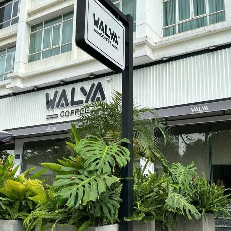 Biển hiệu WALYA Coffee phong cách hiện đại kết hợp nhiều cây xanh mát mắt