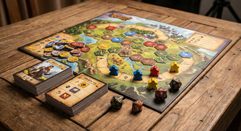 Bộ cờ board game chiến thuật đặt trên bàn gỗ gồm bàn cờ, thẻ bài, xúc xắc và quân cờ màu sắc
