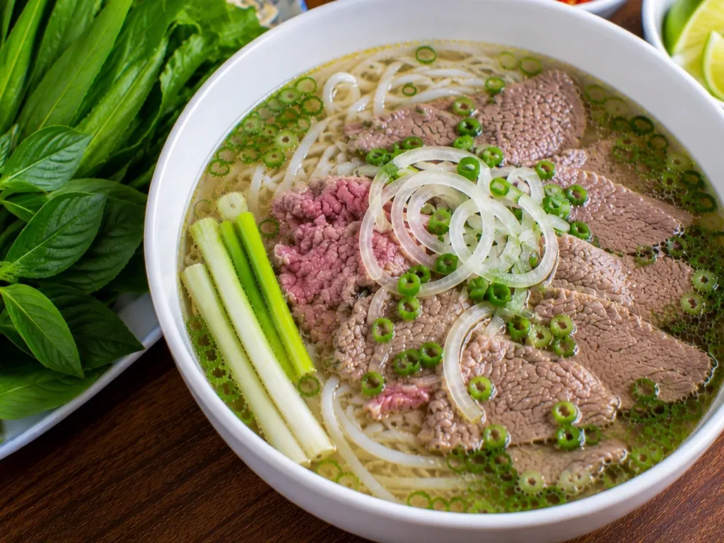 Bát phở bò tái chín thơm ngon ăn kèm hành lá và đĩa rau thơm tươi