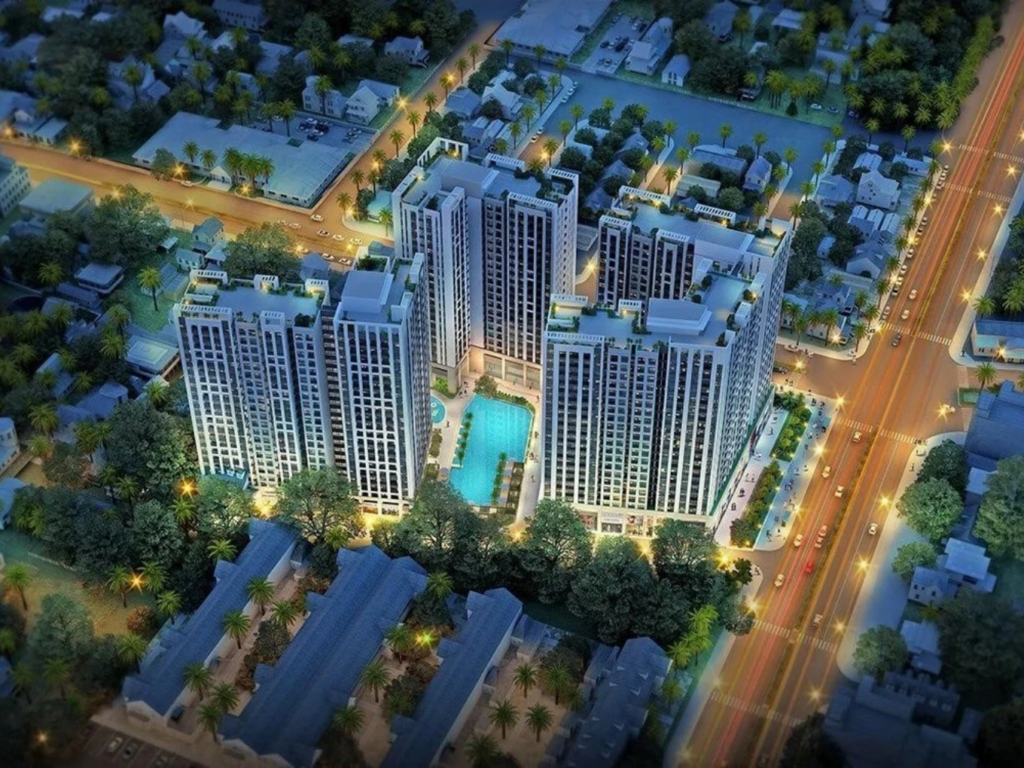 Phối cảnh tổng thể một dự án căn hộ hiện đại tại quận Tân Phú với đầy đủ tiện ích nội khu và công viên cây xanh, minh họa cho lối sống an cư lạc nghiệp
