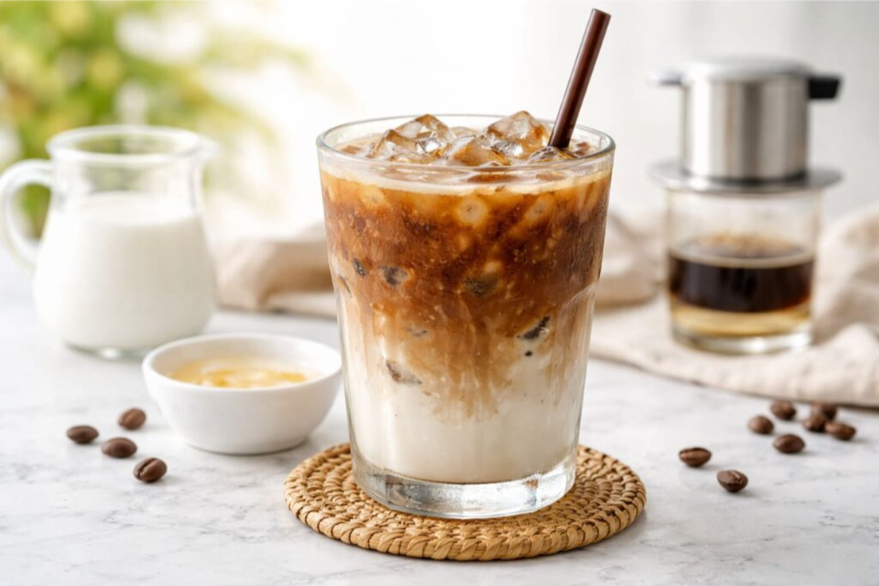 Ly cà phê sữa đá pha phin phân tầng sữa espresso đẹp mắt trên lót ly bằng cói