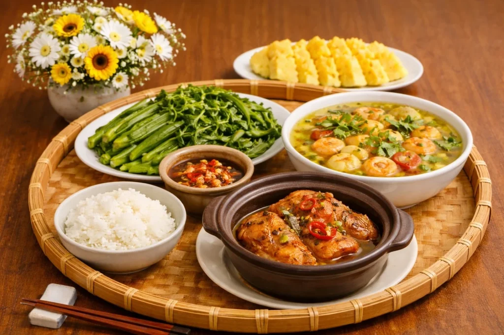 Mâm cơm gia đình thuần Việt với cá kho tộ, canh chua