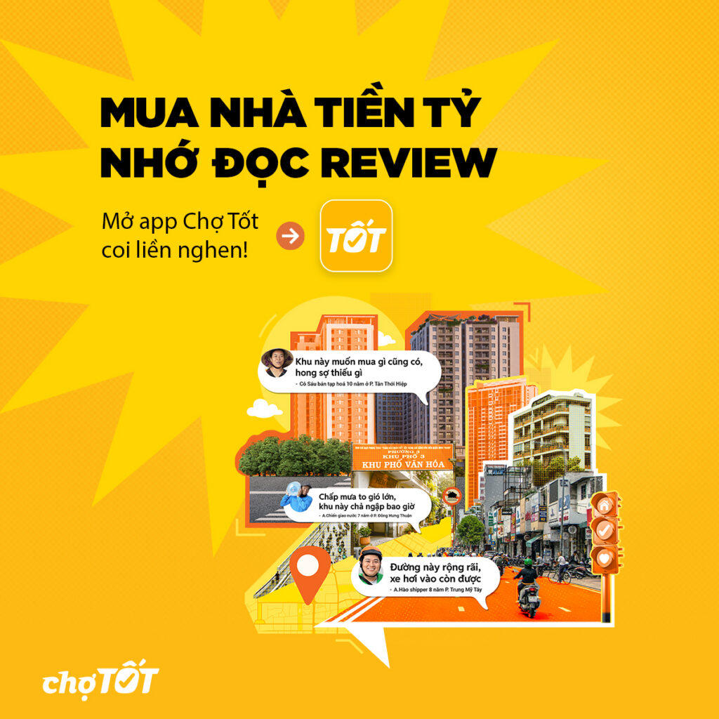 Mở app Chợ tốt để đọc review khu vực từ cư dân
