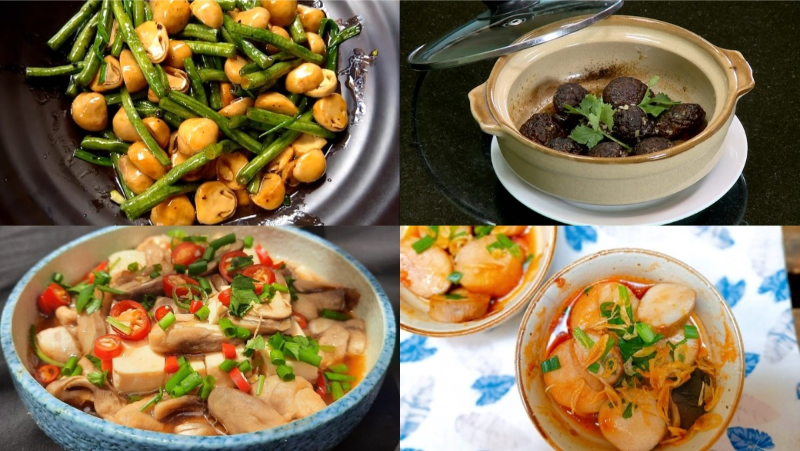Khay tổng hợp 4 món chay thanh tịnh gồm nấm xào đậu kho qua, đậu hũ sốt nấm và nấm kho tộ