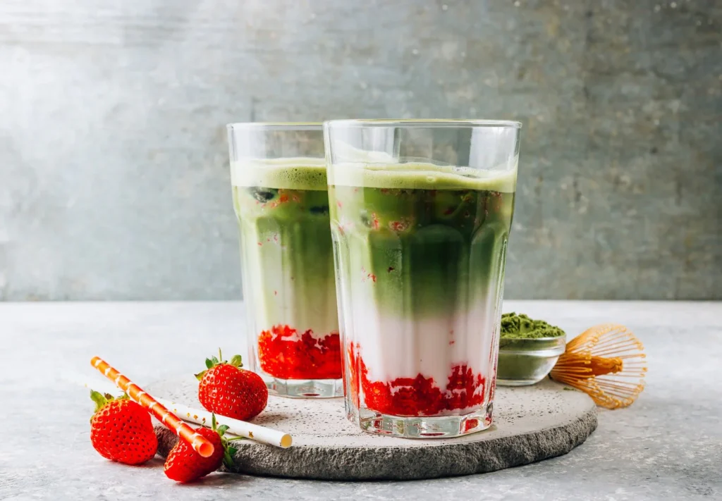 Thức uống matcha dâu tây đá phân ba màu độc đáo