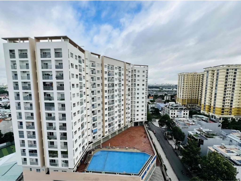 Toàn cảnh khu căn hộ từ trên cao với hạ tầng giao thông kết nối nhanh chóng ra các trục đường chính