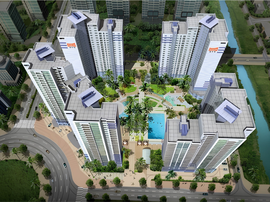Toàn cảnh dự án từ trên cao cho thấy không gian xanh nội khu cùng mạng lưới giao thông kết nối linh hoạt