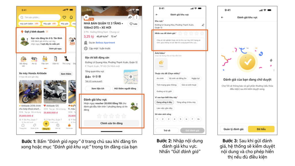 Hướng dẫn gửi đánh giá khu vực trên Chợ Tốt