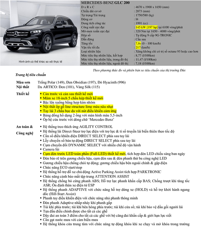 Thông số kỹ thuật chi tiết của xe Mercedes GLC 200
