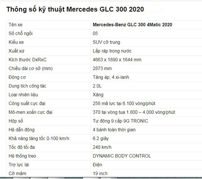 Thông số kỹ thuật chi tiết của xe Mercedes GLC 300