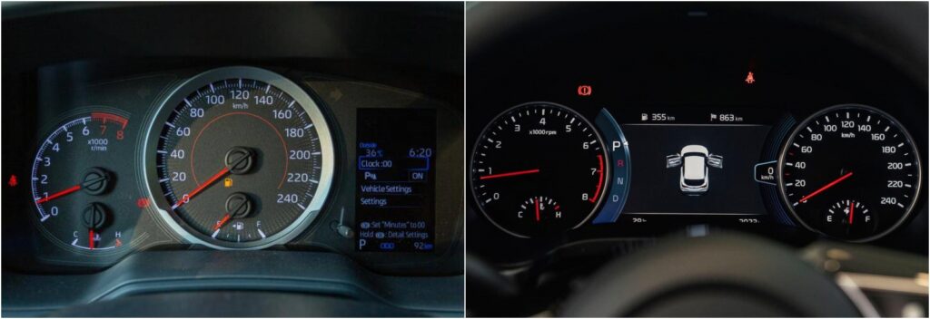 Đồng hồ lái Toyota Corolla Cross 1.8G (trái) và Kia Seltos 1.4 DCT Premium (phải)