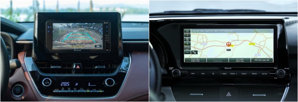 Màn hình giải trí Toyota Corolla Cross 1.8G (trái) và Kia Seltos 1.4 DCT Premium (phải)