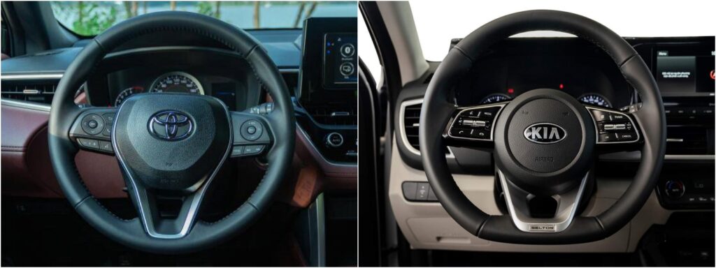 Vô lăng Toyota Corolla Cross 1.8G (trái) và Kia Seltos 1.4 DCT Premium (phải)