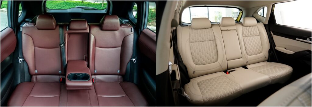 Hàng ghế sau Toyota Corolla Cross 1.8G (trái) và Kia Seltos 1.4 DCT Premium (phải)