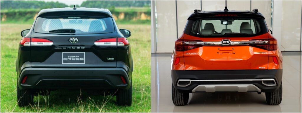 Đuôi xe Toyota Corolla Cross 1.8G (trái) và Kia Seltos 1.4 DCT Premium (phải)
