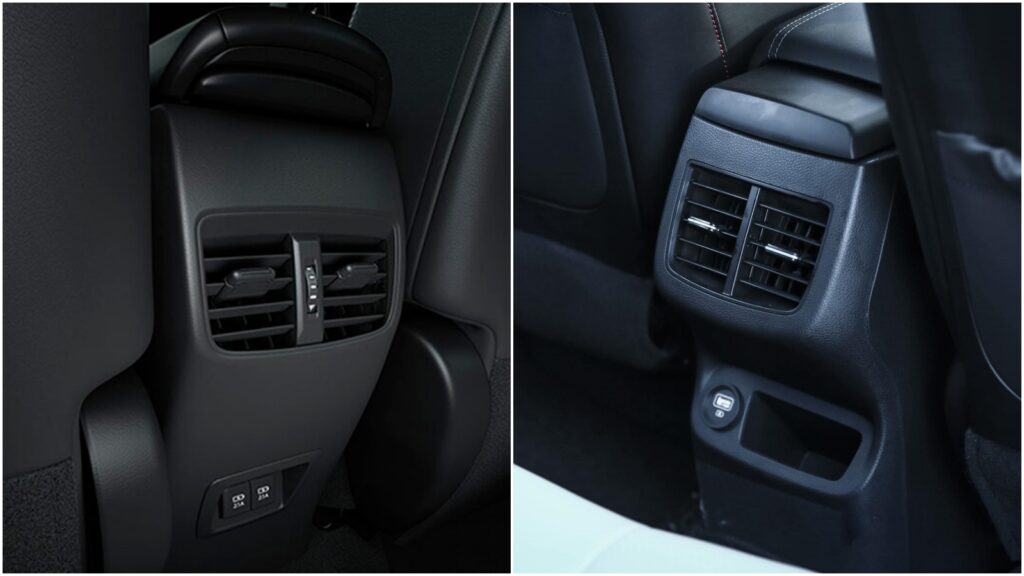 Cửa gió sau Toyota Corolla Cross 1.8G (trái) và Kia Seltos 1.4 DCT Premium (phải)