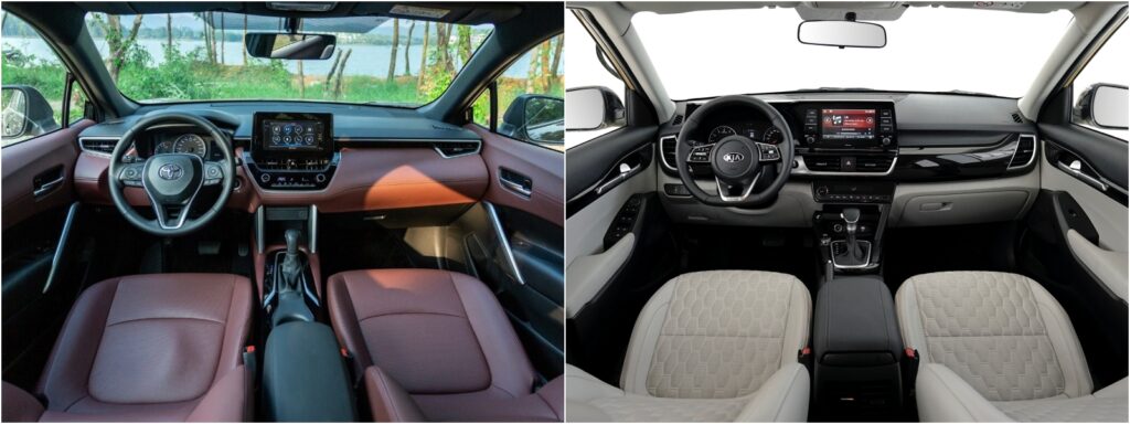 Bảng táp lô Toyota Corolla Cross 1.8G (trái) và Kia Seltos 1.4 DCT Premium (phải)