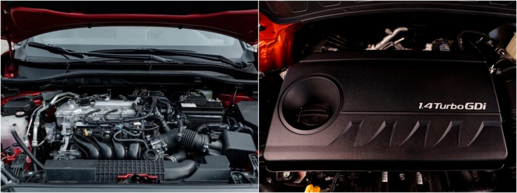 Động cơ Toyota Corolla Cross 1.8G (trái) và Kia Seltos 1.4 DCT Premium (phải)
