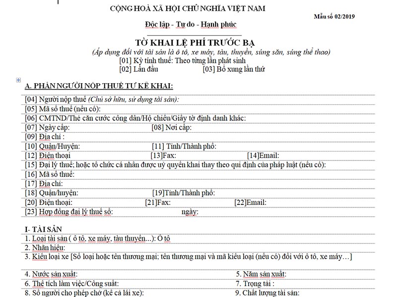 Mẫu khai lệ phí trước bạ