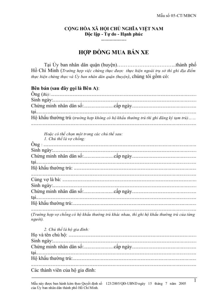 Mẫu hợp đồng mua bán xe