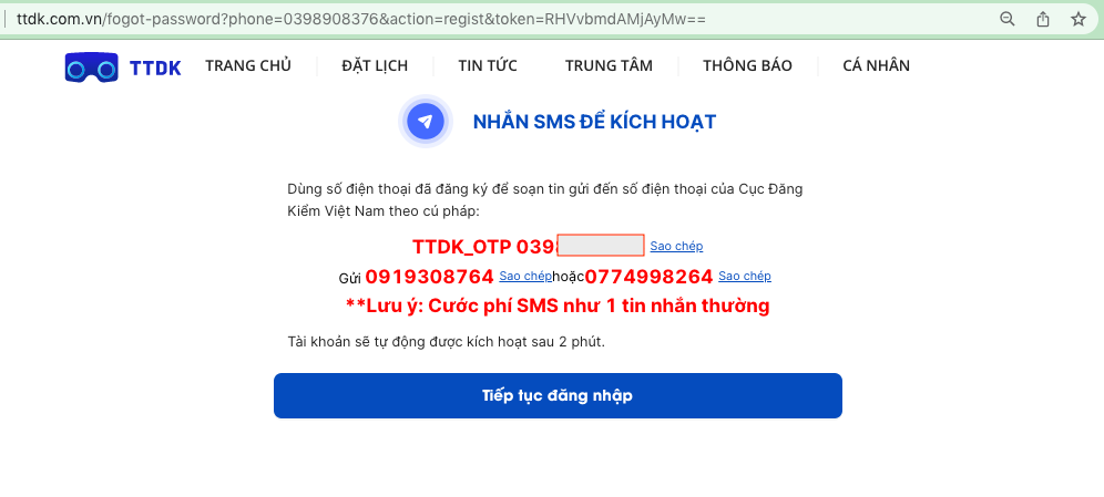 Trang hiển thị ngay sau khi điền thông tin